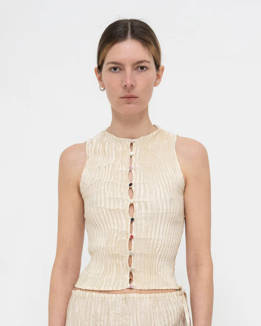Plissé Satin Silk Buttoned Top